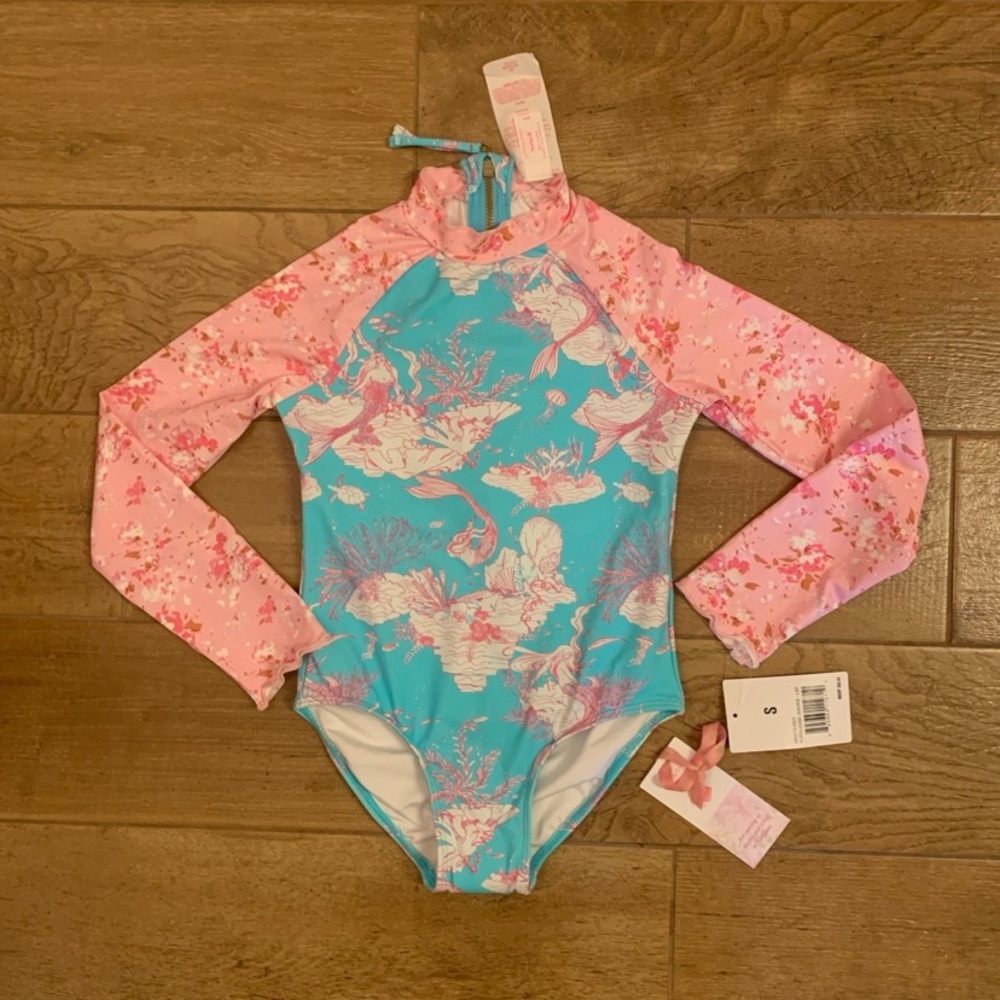 Girls Long Sleeve Rash Guard Hurley Swimsuit - Pink & Aqua Size 7